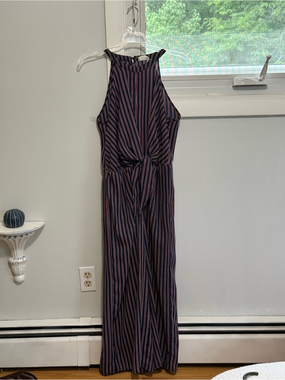 Sienna Sky Striped Navy Halter Jumpsuit with Red Accents Med.